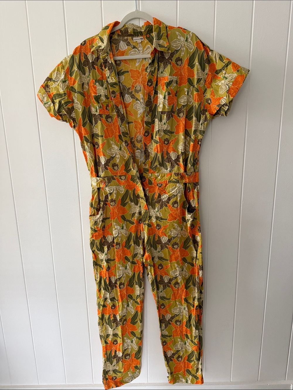 acacia swimwear/Sorry in Advance Olive Orange Floral Short Sleeve Wrap Jumpsuit